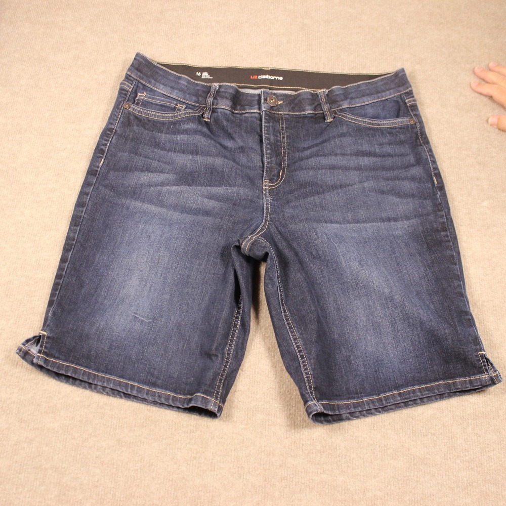 Liz Claiborne Sara Mid Rise Denim Shorts Dark Wash Blue Size 16 Bermuda Stretch